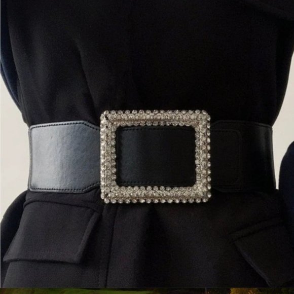 Vegan Rectangular Rhinstone Buckle Stretch Belt - Picture 2 of 2